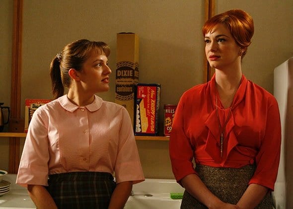Peggy and Joan have a heart to heart in the washroom in Mad Men