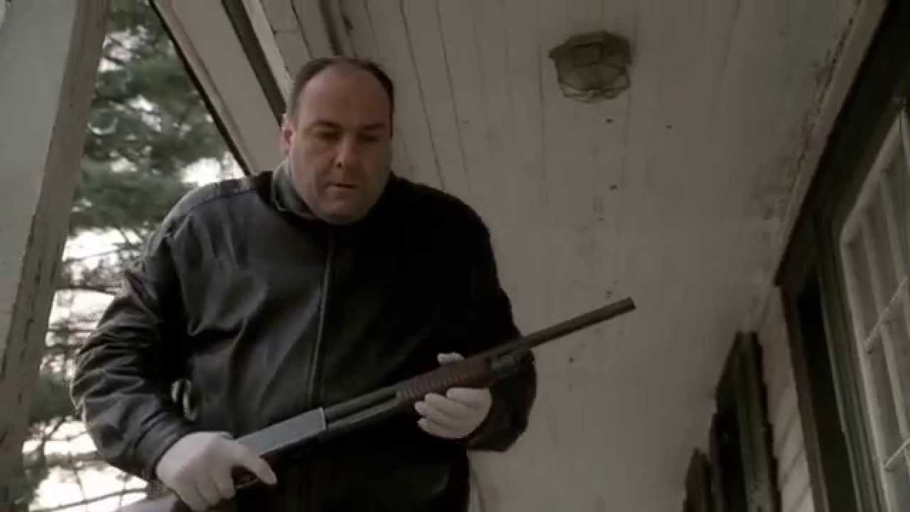 Tony Soprano running from the FBI with a shotgun