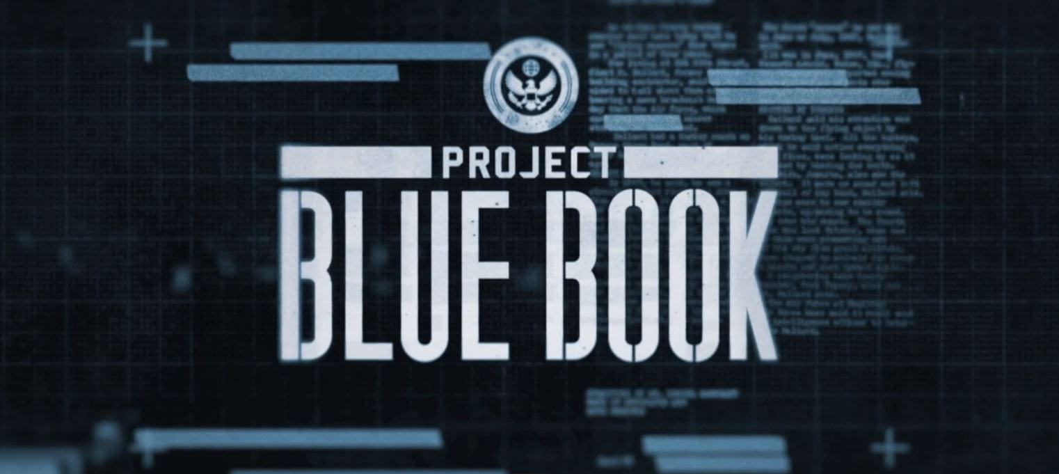 This is a title image from the credits that shows the title text "Project Blue Book" overlaying faded imagery that appears like redacted files text.