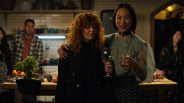 Nadia and best friend Maxine (Greta Lee) at Maxine's apartment and Nadia's never-ending birthday party