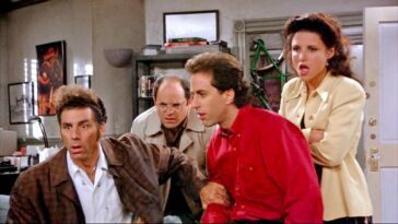 Kramer, George, Seinfeld and Elaine look shocked