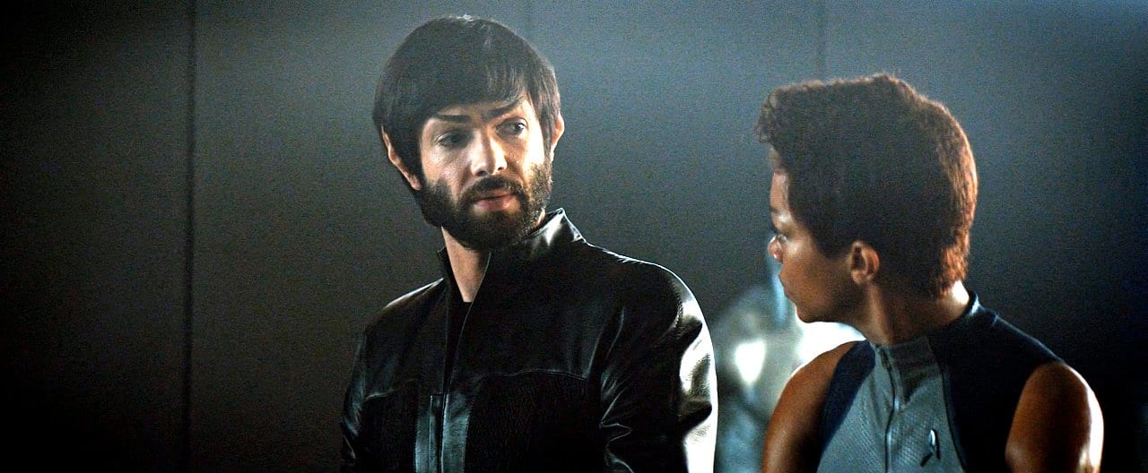 Spock (Ethan Peck) comforts Burnham (Sonequa Martin-Green) after she learns about her parents' death in Star Trek: Discover "The Red Angel"