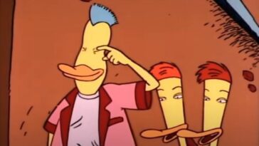 Three animated ducks, one with a finger to his head in Duckman