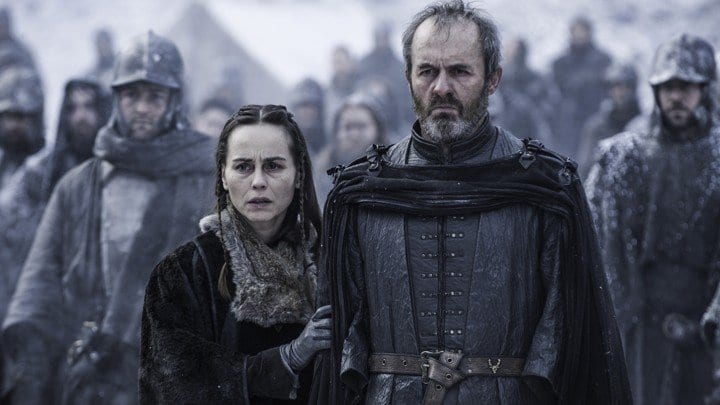 Stanis Baratheon (Stephen Dillane) and wife Sylese (Tara Fitzgerald) watch as their daughter burns as a sacrifice to the God of Light. 