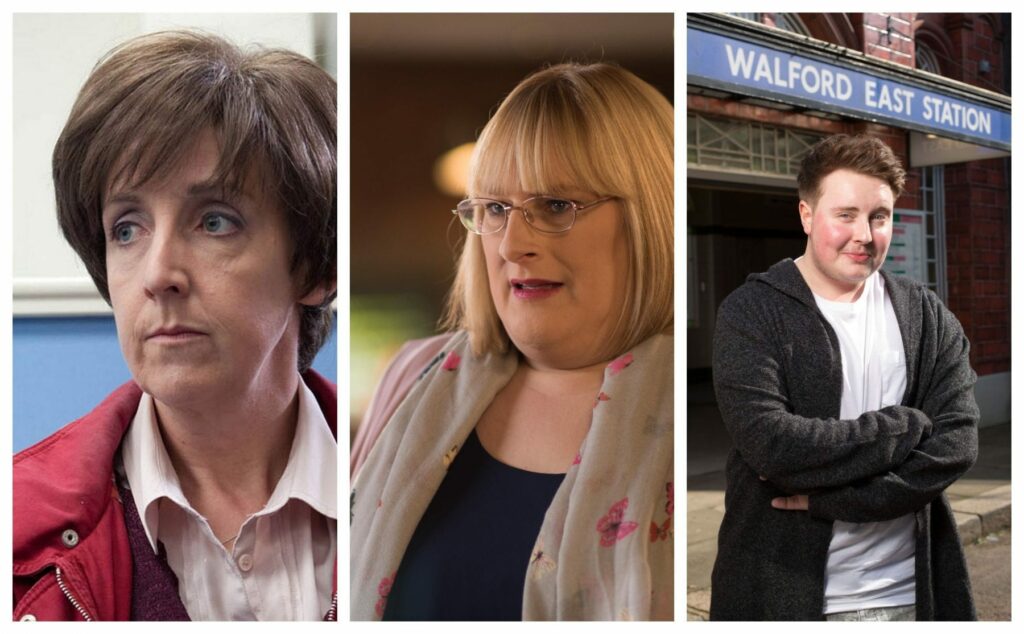 Julie Hesmondhalgh as transsexual character Hayley Cropper, Annie Wallace as Sally St. Claire, and Riley Carter Millington as Kyle Slater.