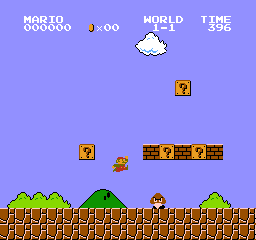 Mario encountering his first Goomba in world 1-1