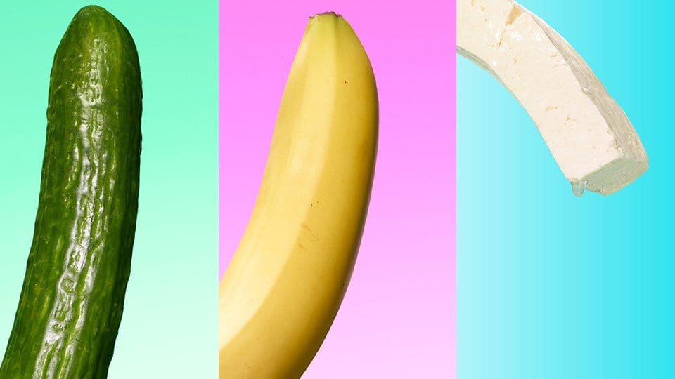 A cucumber, banana, and tofu as symbols used to advertise the channel 4 show. 