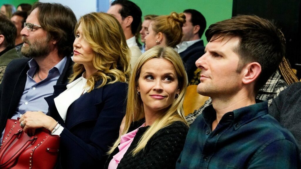 Jeffrey Nordling, Laura Dern, Reese Witherspoon, and Adam Scott as Gordon, Renata, Madeline, and Ed in the season two premiere of Big Little Lies