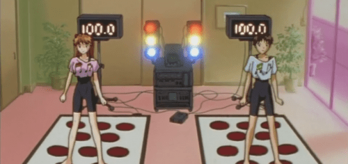 Shinji and Asuka train with music to defeat the next Angel in Neon Genesis Evangelion