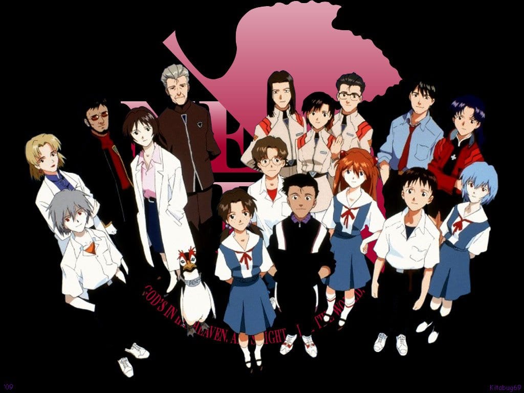 the cast of Neon Genesis Evangelion in a group picture.