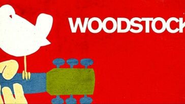 woodstock music festival logo featuring a white bird perched on the neck of a guitar with the word woodstock beside it