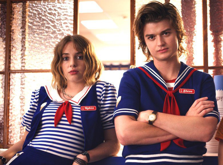 Robin and Steve wearing their Scoops Ahoy uniforms in Stranger Things