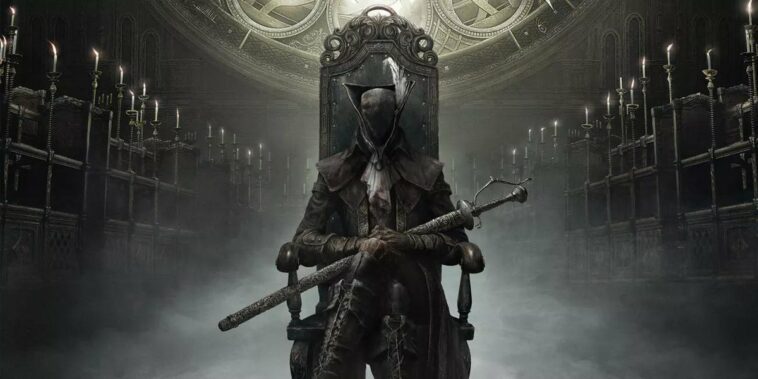 A masked person sits on a crown in an image from Bloodborne