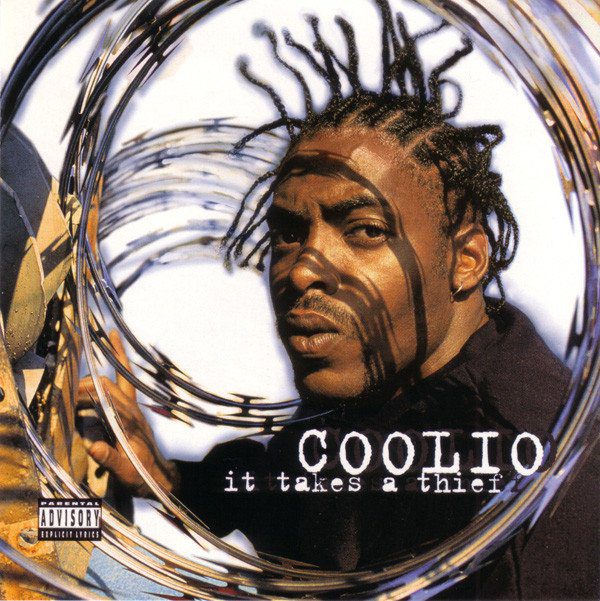 Coolio It Takes a Thief album cover has the rapper front and center, including his straight up and down braids.