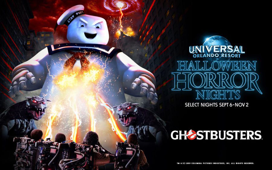 The Stay Puft Marshmallow Man looks down on the Ghostbusters as they hit him with their streams in an illustrated image promoting Universal's Halloween Horror Nights