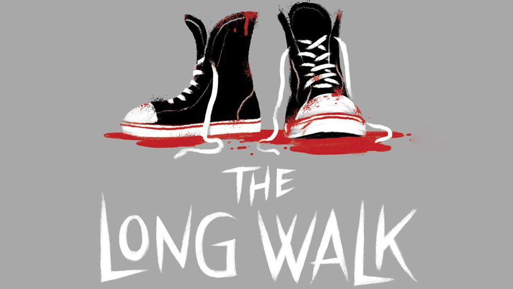 A drawing of shoes sitting in blood in a cover image for The Long Walk