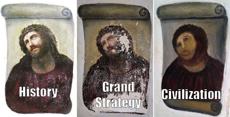 Three Panel Meme Showing History versus Game Design - The Ecce Homo Picture Before and After Restoration