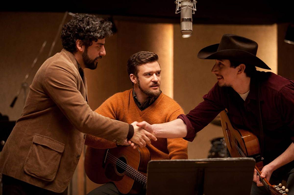 Oscar Isaac, Justin Timberlake and Adam Driver exchange hellos before recording in Inside Llewyn Davis.