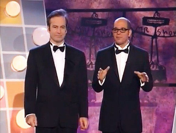 Bob Odenkirk and David Cross wear tuxedos and bowties on the set of Mr Show
