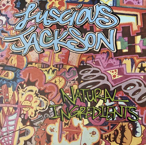 Luscious Jackson's album cover for Natural Ingredients is art in the tagging style, mostly in purples, reds and blues.