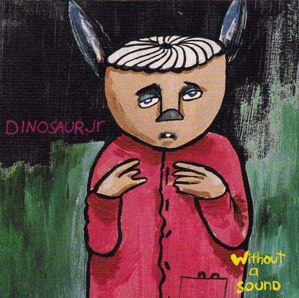the cover of Dinsoaur Jr. album Without a Sound is a painting of a human-like creature that has donkey ears, an acorn for a head, and a red shirt.