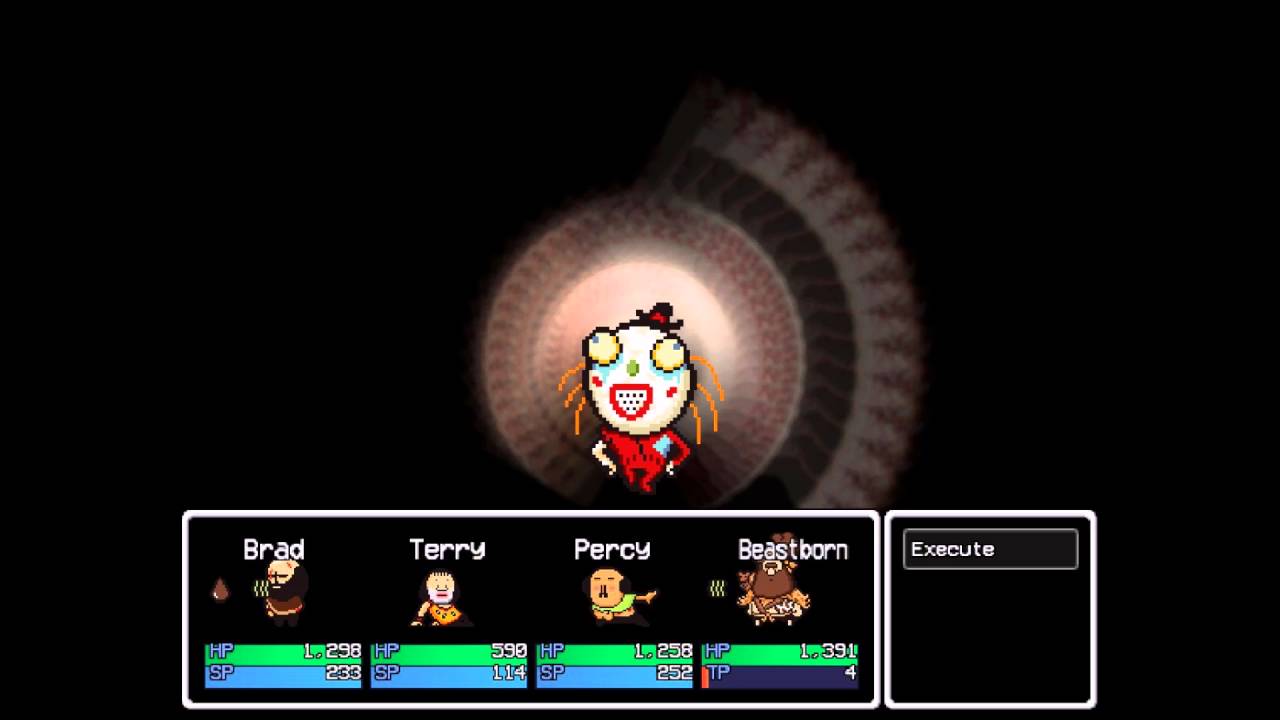 Battle image of Brad and his party members battling Wally, a demented fast food mascot with a red suit and disturbing round white head.