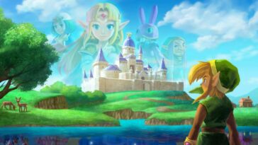 Artwork detailing Link standing in front of Hyrule Castle why Lorule Castle is reflected in a lake