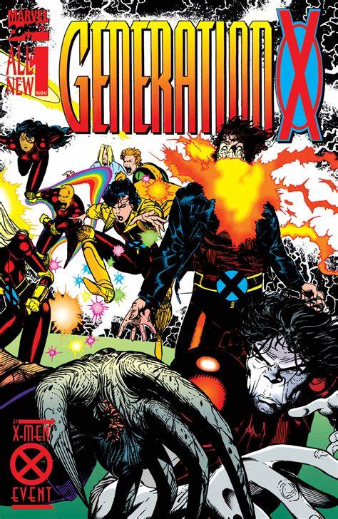 The Generation X #1 cover has the team scattered about the page in action shots. Skin is closest with his stretchy hand, Chamber is right of center with the traditional explosion coming from his chest, The rest of the team, including M, Jubilee and Banshee appear to be flying back and to the left.
