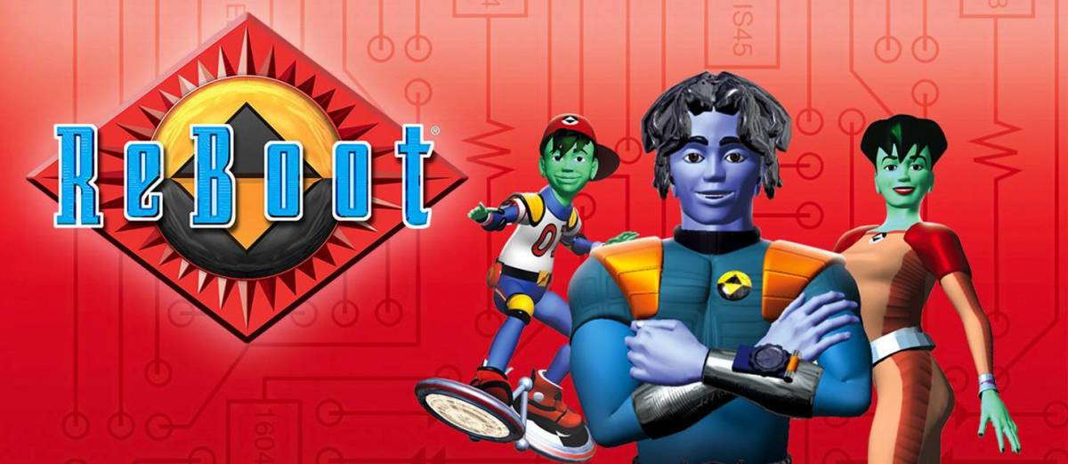 The logo and main cast of CGI cartoon ReBoot, featuring Enzo on his skateboard, Bob the Guardian with his arms crossed hero style, and Dot looking as intelligent and ready for action as ever.