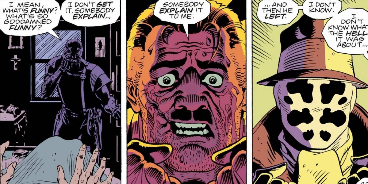 Three frames from Watchmen DC comic that depict Moloch the Mystic telling Rorschach about the night the Comedian broke into his apartment.