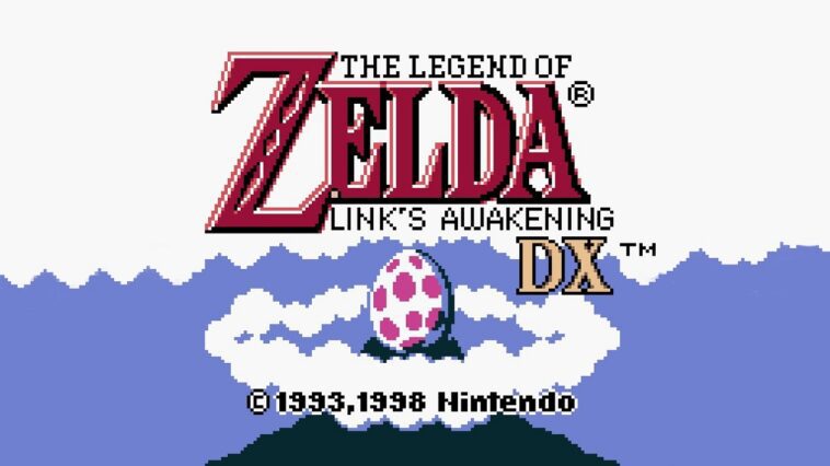 The game's title screen, saying The Legend of Zelda:Link's Awakening DX, with the Wind Fish's egg in the background