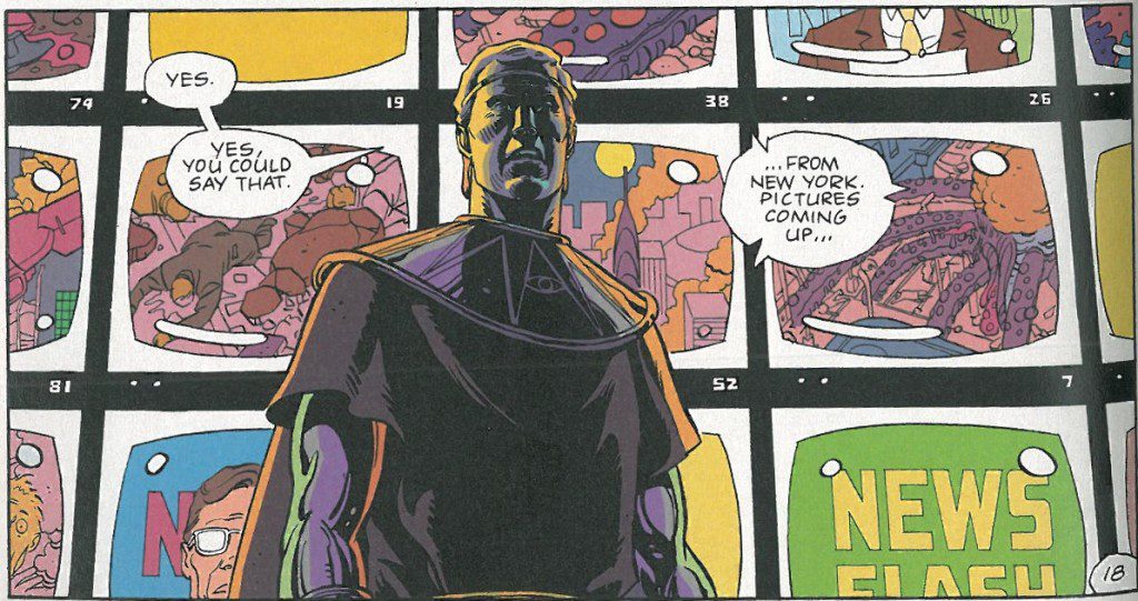 Picture of Ozymandias standing in front of television screens that depict his attack on New York City