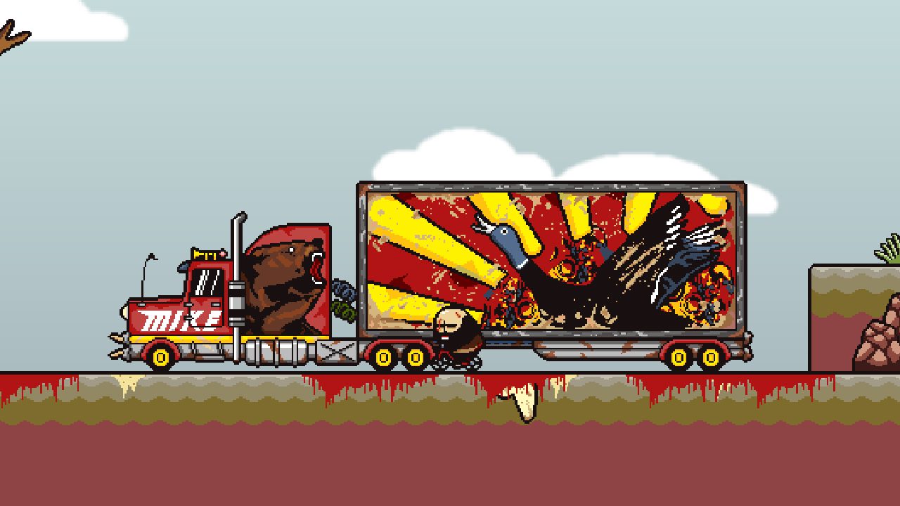 Brad Armstrong rides a bike near a truck decorated with animals while blood pools all around him.