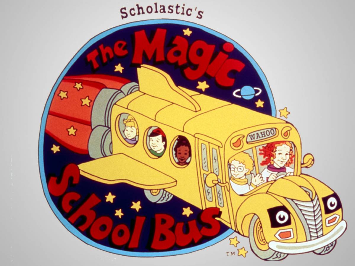 The Magic Schoolbus logo is a circle, with the cartoon bus shooting out of it like a rocket ship, with Ms. Frizzle and the students inside waving.