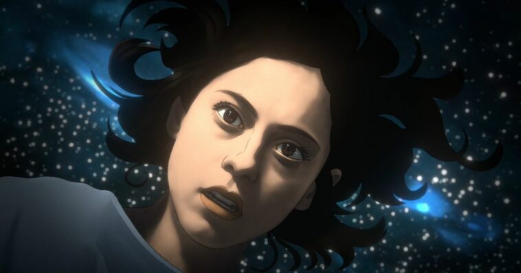 Rosa Salazar floats in space in Amazon's rotoscoped Undone series