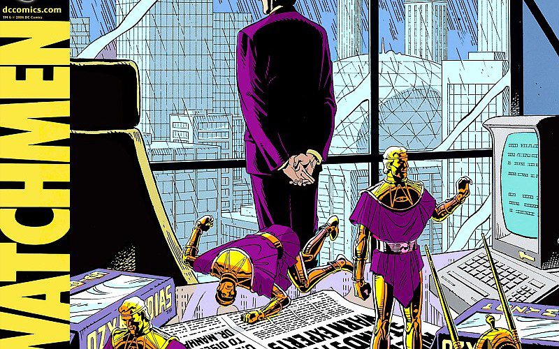 Image from the Watchmen comic of Adrian Veidt action figures on Veidt's desk as he stands in background looking out the window of his high rise office.