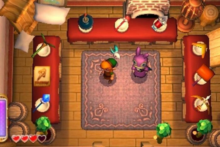 Link stands in Ravio's shop surrounded by the items you can buy and rent throughout the game