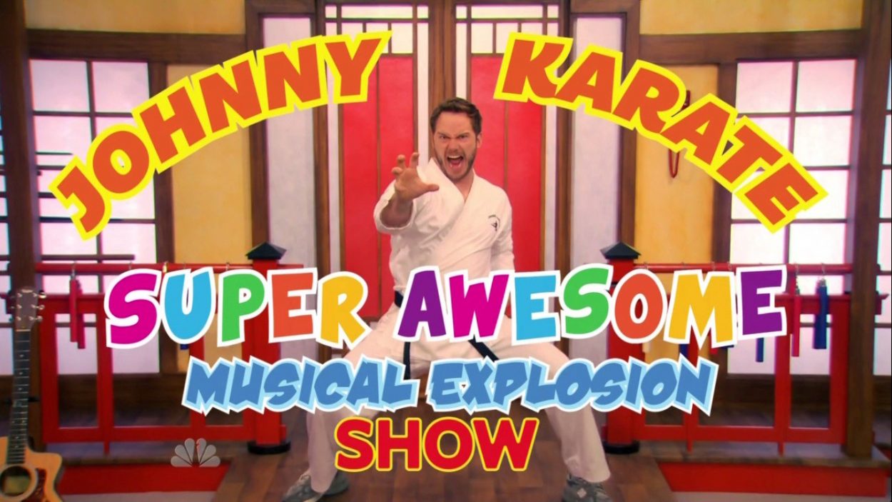 Title card for The Johnny Karate Super Awesome Musical Explosion Show. Johnny strikes a karate pose.