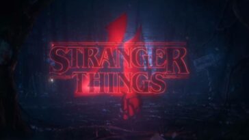 The Stranger Things logo appears on a dark background with a large number 4 behind it