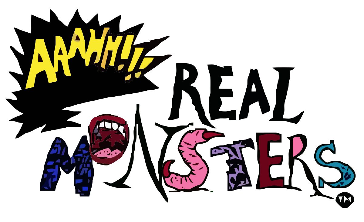 The Stylized lettering of Aaahh!!! Real Monsters: The "Aaahhh!!!" is written in a shouted comic strip word balloon, and each letter in Monsters is a monster in a letter shape.
