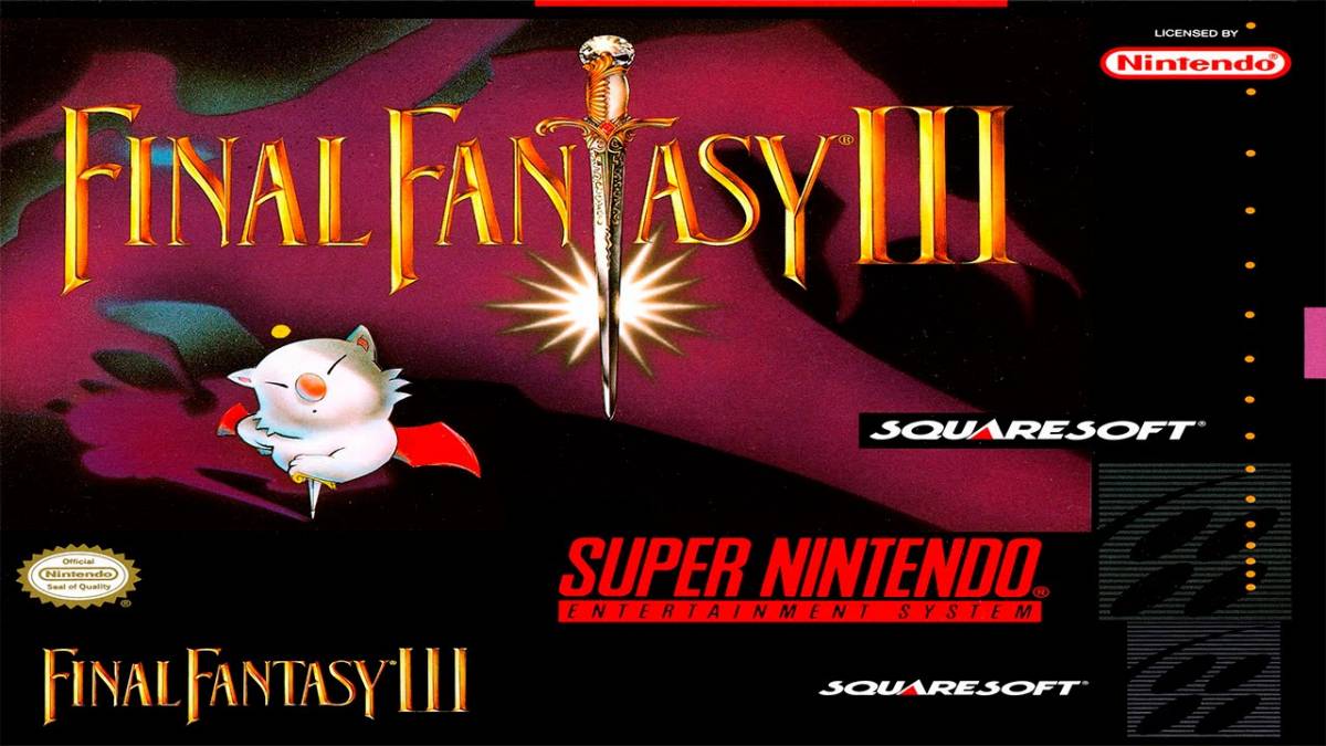 The Final Fantasy III Logo has a sword where the T should be, and the box is purple and black, with the white furred bearlike character Mog on the bottom left.