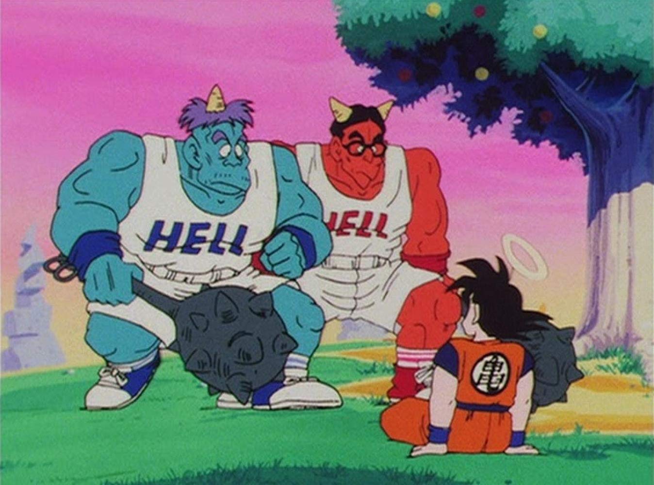 Goku sits in front of two demons in workout clothes
