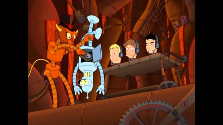 The devil holds Bender upside down in Robot Hell from Futurama