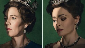 Queen Elizabeth and Princess Margaret both look to the side, wearing crowns, in front of a green backdrop