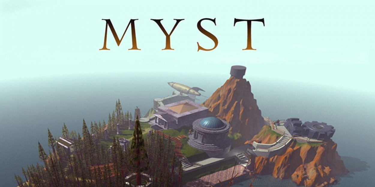 the island from the game Myst, underneath the 'Myst' logo