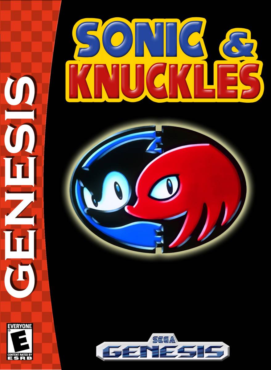 The box art for Sonic & Knuckles is a black background with an oval in the center containing profiles of Sonic in blue on the left and knuckles in red on the right. The red band that says "Genesis" is along the left side of the box.