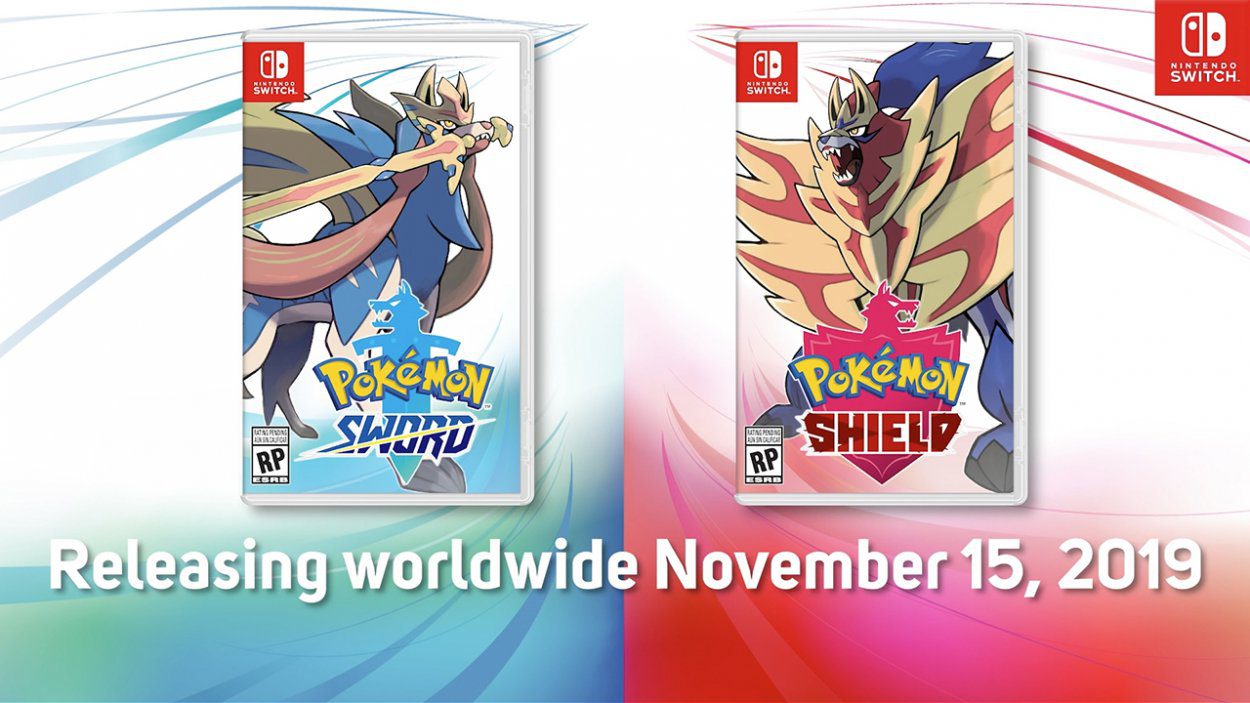 the box art of pokemon sword and shield, showing the two legendary pokemon