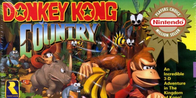 The box art for Donkey Kong Country shows Donkey Kong leading the helper animals and Diddy Kong through the forest.