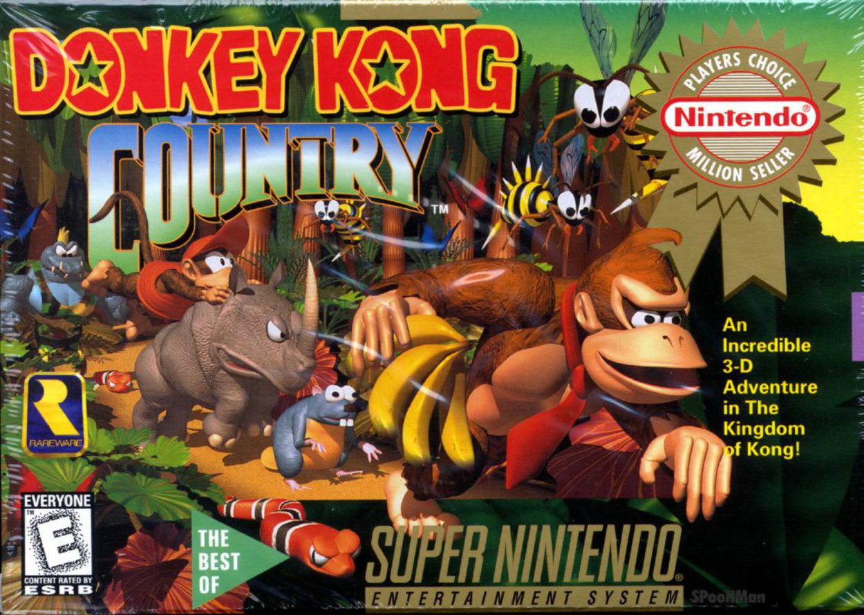 Donkey Kong leads the way down a jungle path, followed by all the helper animals that he can ride in the course of his adventure.