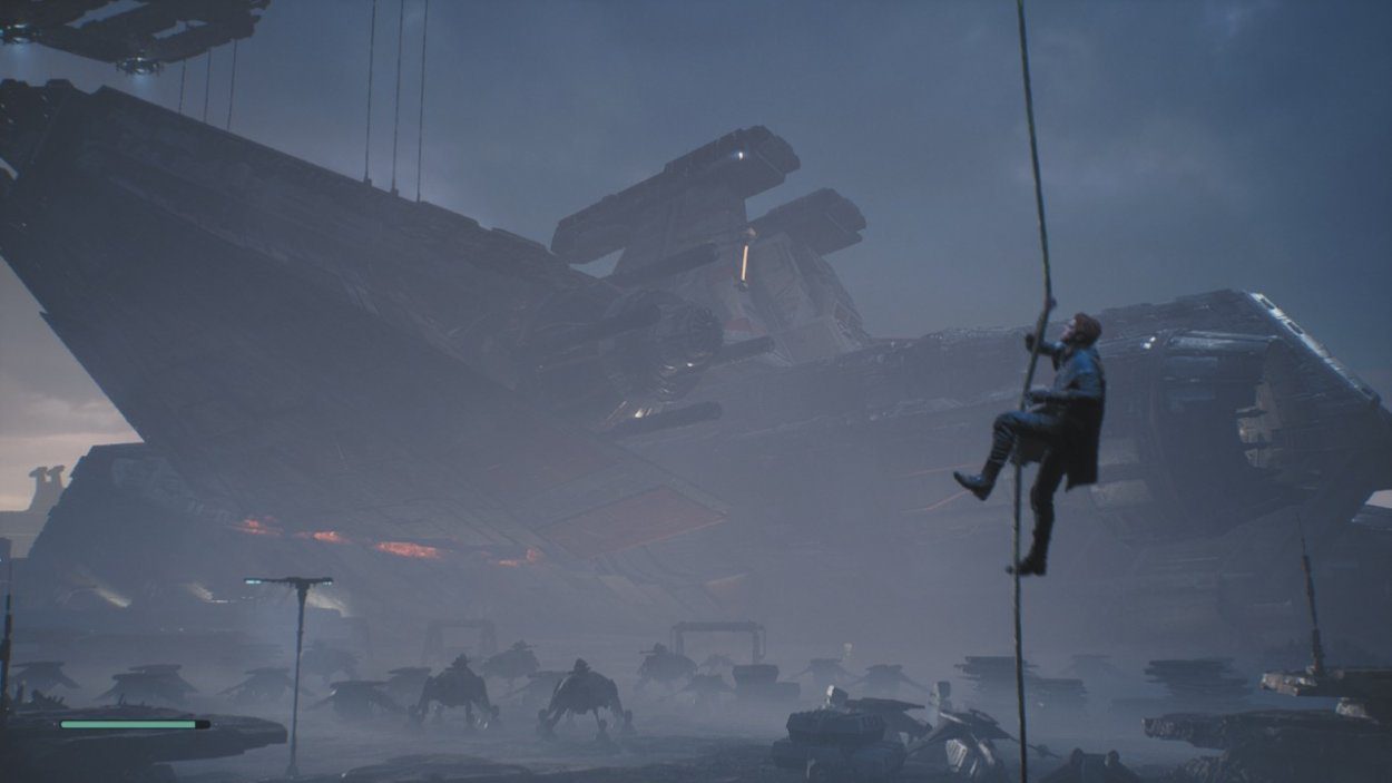 Star Wars Jedi: Fallen Order Cal climbs a rope with a large spaceship behind him